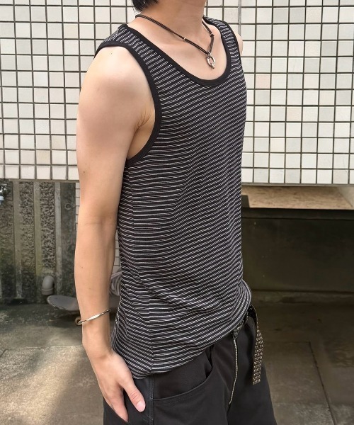 Chikashitsu +(チカシツプラス)の「【Chikashitsu +】border sleeveless (3color) / 【チカシツプラス】ボーダースリーブレス<着用動画あり>(タンクトップ・メンズ・グレー/アイボリー/ブラック・ONE SIZE)」の8枚目の写真