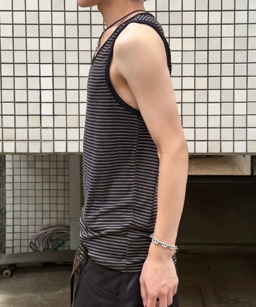 Chikashitsu +(チカシツプラス)の「【Chikashitsu +】border sleeveless (3color) / 【チカシツプラス】ボーダースリーブレス<着用動画あり>(タンクトップ・メンズ・グレー/アイボリー/ブラック・ONE SIZE)」の9枚目の写真