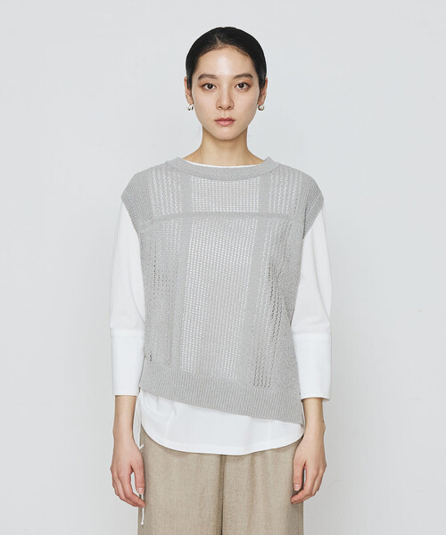Gabardine K.T（ギャバジンケーティー）の「〔 +サイズ 〕 【2WAY】和紙×peフリーゼヤーン スクエアメッシュベスト（ニット/セーター・レディース・オフホワイト/グレー・13号）」の11枚目の写真