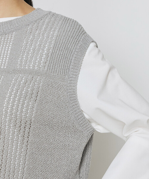 Gabardine K.T（ギャバジンケーティー）の「〔 +サイズ 〕 【2WAY】和紙×peフリーゼヤーン スクエアメッシュベスト（ニット/セーター・レディース・オフホワイト/グレー・13号）」の15枚目の写真