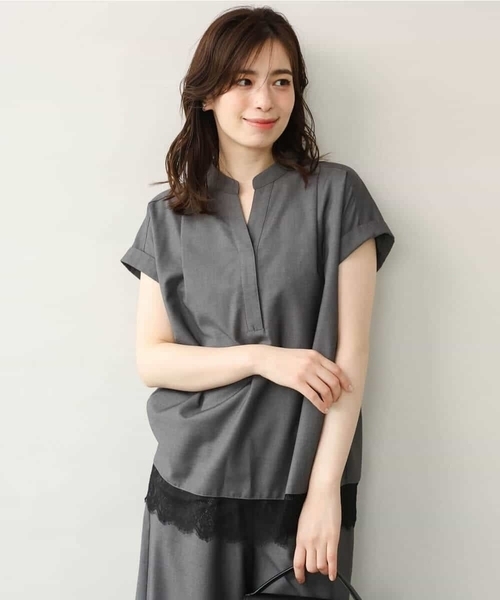 MK MICHEL KLEIN（エムケーミッシェルクラン）の「[洗える]マイクロサキソニー ヘムレースブラウス（シャツ/ブラウス・レディース・ブラック/グレー・38）」の4枚目の写真