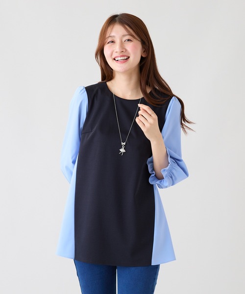 Rose Tiara(ローズティアラ)の「【接触冷感/UVカット】配色切替カットソー(Tシャツ/カットソー・レディース・ネイビー/ブラック・38/42/46)」の1枚目の写真