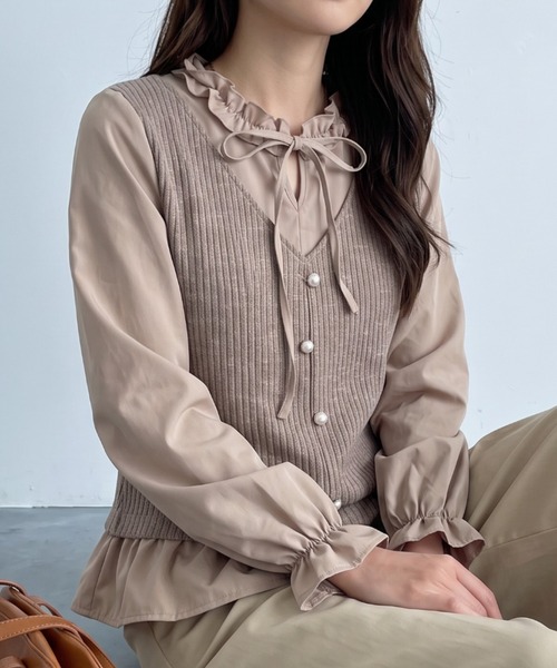 umune（ウムネ）の「レトロフェミニンな雰囲気を纏う♪フリル＆リボン付きニットドッキングブラウス（アンサンブル・レディース・アイボリー/グレイッシュベージュ/ブラウン・FREE）」の17枚目の写真