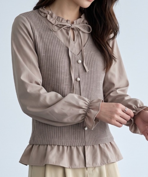 umune（ウムネ）の「レトロフェミニンな雰囲気を纏う♪フリル＆リボン付きニットドッキングブラウス（アンサンブル・レディース・アイボリー/グレイッシュベージュ/ブラウン・FREE）」の18枚目の写真