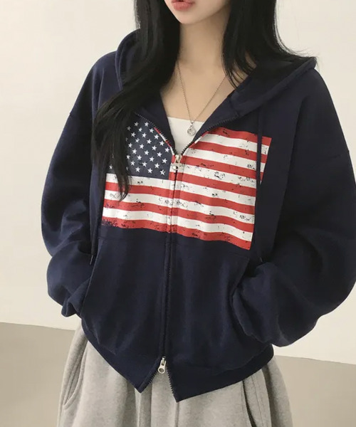 VIVID LADY(ビビッドレディー)の「ヴィンテージアメリカンフラッグ ダブルジップパーカー(パーカー・レディース・ネイビー/グレー/ワイン/ブラック/ブラウン・FREE)」の4枚目の写真