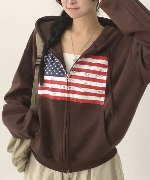 VIVID LADY(ビビッドレディー)の「ヴィンテージアメリカンフラッグ ダブルジップパーカー(パーカー・レディース・ネイビー/グレー/ワイン/ブラック/ブラウン・FREE)」の3枚目の写真