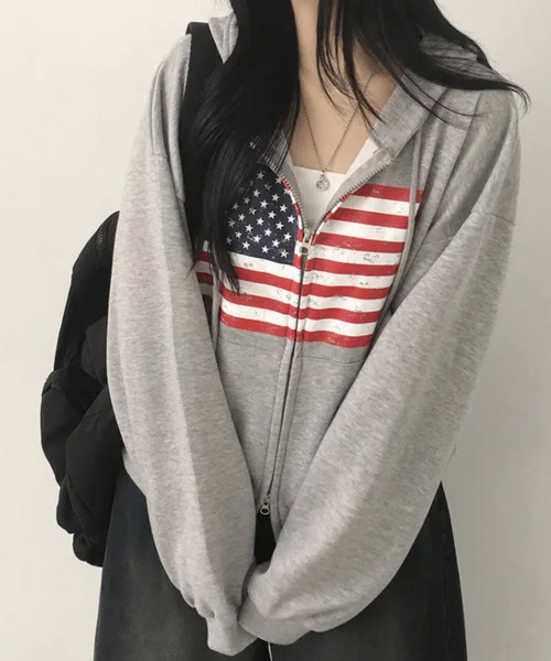 VIVID LADY(ビビッドレディー)の「ヴィンテージアメリカンフラッグ ダブルジップパーカー(パーカー・レディース・ネイビー/グレー/ワイン/ブラック/ブラウン・FREE)」の1枚目の写真
