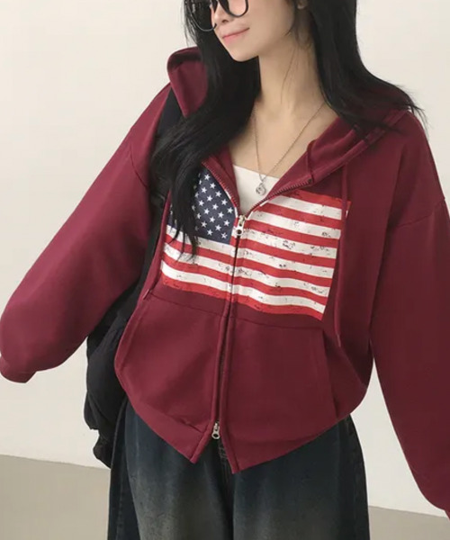 VIVID LADY(ビビッドレディー)の「ヴィンテージアメリカンフラッグ ダブルジップパーカー(パーカー・レディース・ネイビー/グレー/ワイン/ブラック/ブラウン・FREE)」の5枚目の写真
