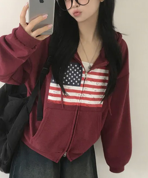 VIVID LADY(ビビッドレディー)の「ヴィンテージアメリカンフラッグ ダブルジップパーカー(パーカー・レディース・ネイビー/グレー/ワイン/ブラック/ブラウン・FREE)」の8枚目の写真