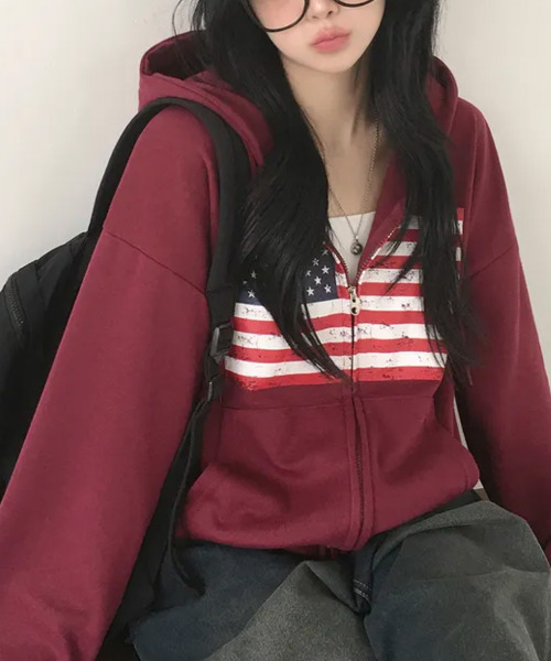 VIVID LADY(ビビッドレディー)の「ヴィンテージアメリカンフラッグ ダブルジップパーカー(パーカー・レディース・ネイビー/グレー/ワイン/ブラック/ブラウン・FREE)」の10枚目の写真