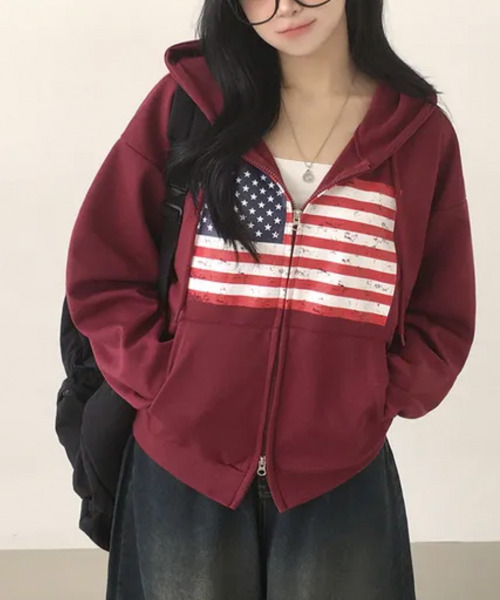 VIVID LADY(ビビッドレディー)の「ヴィンテージアメリカンフラッグ ダブルジップパーカー(パーカー・レディース・ネイビー/グレー/ワイン/ブラック/ブラウン・FREE)」の12枚目の写真