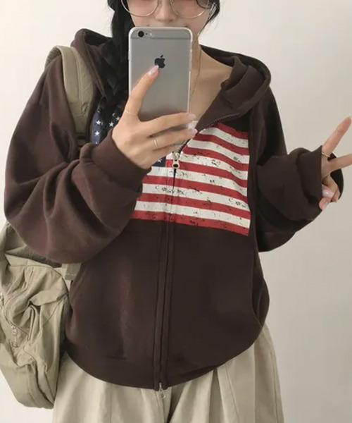 VIVID LADY(ビビッドレディー)の「ヴィンテージアメリカンフラッグ ダブルジップパーカー(パーカー・レディース・ネイビー/グレー/ワイン/ブラック/ブラウン・FREE)」の16枚目の写真