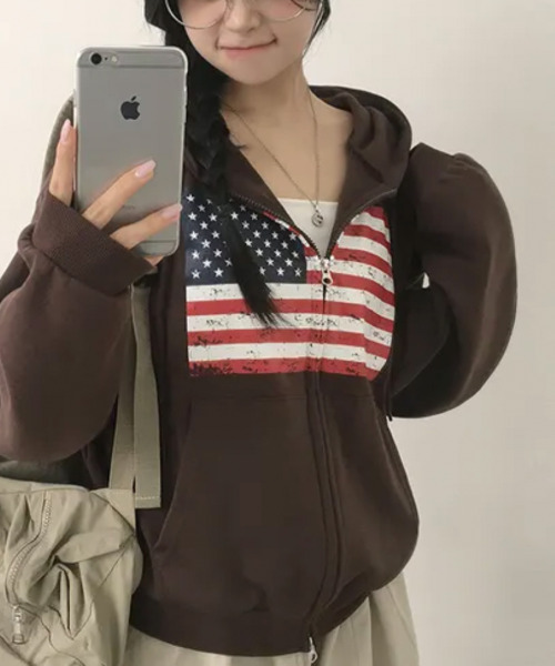 VIVID LADY(ビビッドレディー)の「ヴィンテージアメリカンフラッグ ダブルジップパーカー(パーカー・レディース・ネイビー/グレー/ワイン/ブラック/ブラウン・FREE)」の17枚目の写真