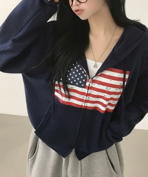 VIVID LADY(ビビッドレディー)の「ヴィンテージアメリカンフラッグ ダブルジップパーカー(パーカー・レディース・ネイビー/グレー/ワイン/ブラック/ブラウン・FREE)」の13枚目の写真