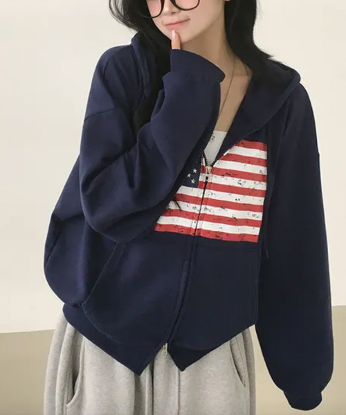 VIVID LADY(ビビッドレディー)の「ヴィンテージアメリカンフラッグ ダブルジップパーカー(パーカー・レディース・ネイビー/グレー/ワイン/ブラック/ブラウン・FREE)」の14枚目の写真