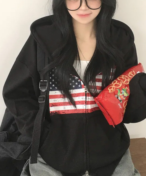 VIVID LADY(ビビッドレディー)の「ヴィンテージアメリカンフラッグ ダブルジップパーカー(パーカー・レディース・ネイビー/グレー/ワイン/ブラック/ブラウン・FREE)」の19枚目の写真