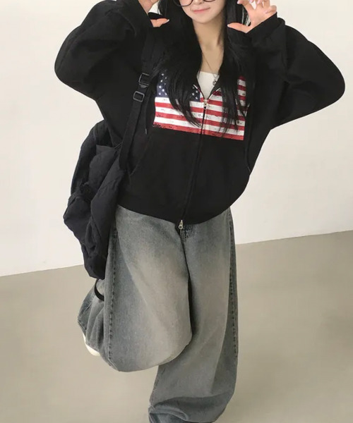 VIVID LADY(ビビッドレディー)の「ヴィンテージアメリカンフラッグ ダブルジップパーカー(パーカー・レディース・ネイビー/グレー/ワイン/ブラック/ブラウン・FREE)」の20枚目の写真
