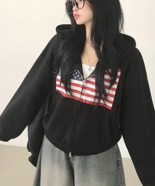 VIVID LADY(ビビッドレディー)の「ヴィンテージアメリカンフラッグ ダブルジップパーカー(パーカー・レディース・ネイビー/グレー/ワイン/ブラック/ブラウン・FREE)」の21枚目の写真