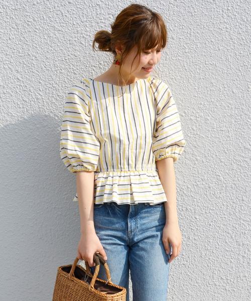Khaju(カージュ)の「Khaju:2WAYストライプカシュクールブラウス③◇(シャツ/ブラウス・レディース・イエロー/ワイン・ONE SIZE)」の2枚目の写真