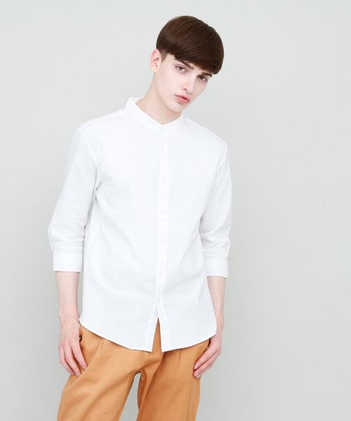 EMMA CLOTHES（エマクローズ）の「バンドカラーリネンシャツ Band collar Linen shirt 3/4 sleeve（シャツ/ブラウス・メンズ・ホワイト/ブラック/ベージュ/ネイビー/カーキ/サックスブルー/アクア・L/M）」の2枚目の写真