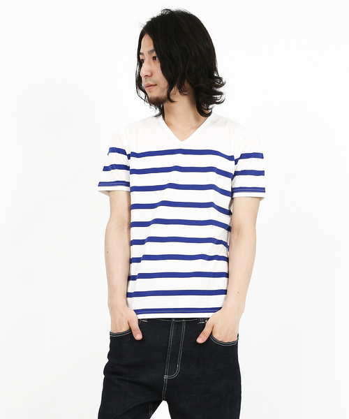 Rocky Monroe(ロッキーモンロー)の「Border V-Neck Cut&Sewn(Tシャツ/カットソー・メンズ・ブラック/ネイビー/ブルー/ホワイト×ブラック/ホワイト×ネイビー/ホワイト×ブルー・L/M)」の2枚目の写真