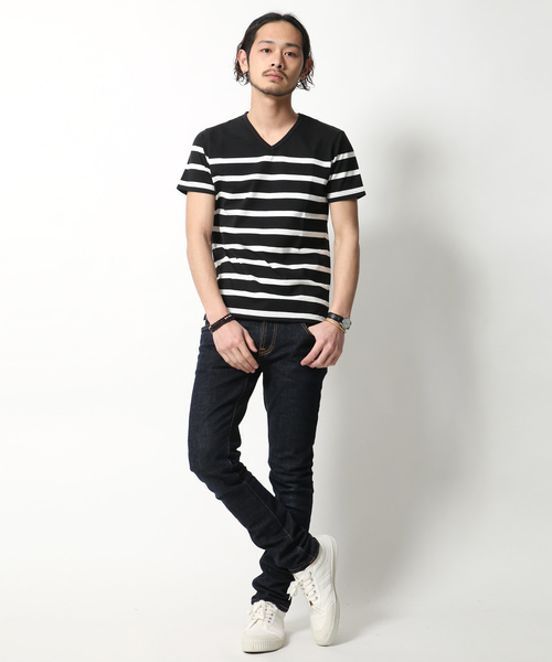 Rocky Monroe(ロッキーモンロー)の「Border V-Neck Cut&Sewn(Tシャツ/カットソー・メンズ・ブラック/ネイビー/ブルー/ホワイト×ブラック/ホワイト×ネイビー/ホワイト×ブルー・L/M)」の11枚目の写真