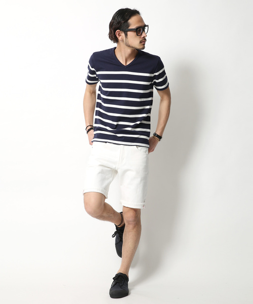 Rocky Monroe(ロッキーモンロー)の「Border V-Neck Cut&Sewn(Tシャツ/カットソー・メンズ・ブラック/ネイビー/ブルー/ホワイト×ブラック/ホワイト×ネイビー/ホワイト×ブルー・L/M)」の13枚目の写真