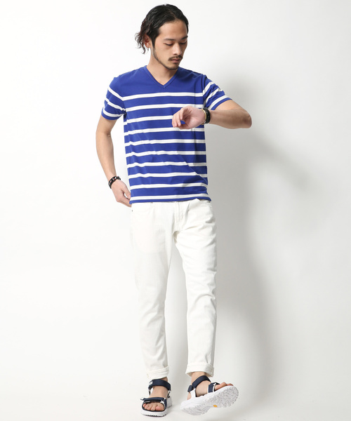 Rocky Monroe(ロッキーモンロー)の「Border V-Neck Cut&Sewn(Tシャツ/カットソー・メンズ・ブラック/ネイビー/ブルー/ホワイト×ブラック/ホワイト×ネイビー/ホワイト×ブルー・L/M)」の14枚目の写真