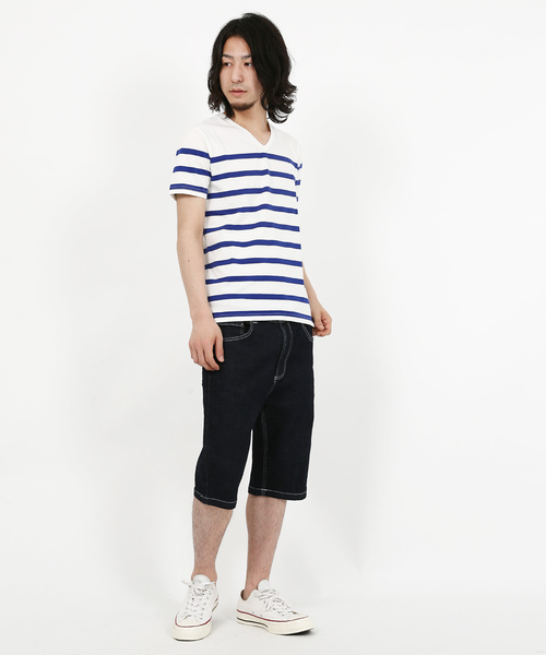 Rocky Monroe(ロッキーモンロー)の「Border V-Neck Cut&Sewn(Tシャツ/カットソー・メンズ・ブラック/ネイビー/ブルー/ホワイト×ブラック/ホワイト×ネイビー/ホワイト×ブルー・L/M)」の7枚目の写真