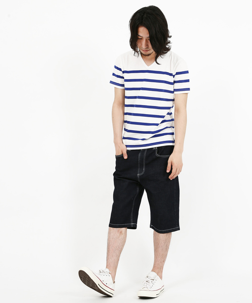 Rocky Monroe(ロッキーモンロー)の「Border V-Neck Cut&Sewn(Tシャツ/カットソー・メンズ・ブラック/ネイビー/ブルー/ホワイト×ブラック/ホワイト×ネイビー/ホワイト×ブルー・L/M)」の8枚目の写真