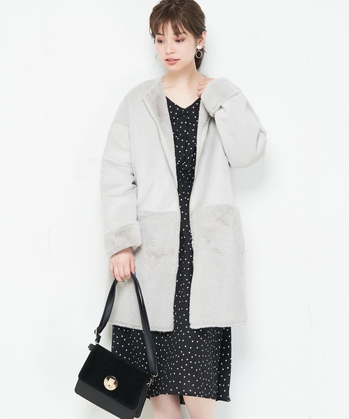 natural couture(ナチュラルクチュール)の「スウェード×ファーボンディングロングコート(その他アウター・レディース・ブラック/グレー/アイボリー/ピンクベージュ・FREE)」の18枚目の写真
