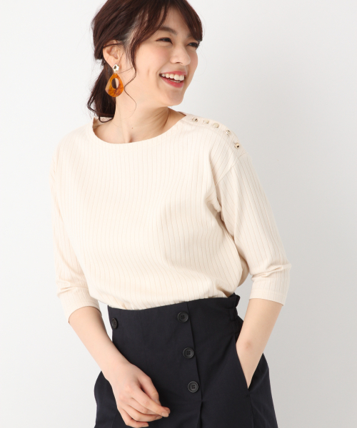 GLOBAL WORK(グローバルワーク)の「リブカタボタンボート7分袖/828001(Tシャツ/カットソー・レディース・ベージュ/ブラック/ホワイト・LARGE/MEDIUM)」の2枚目の写真