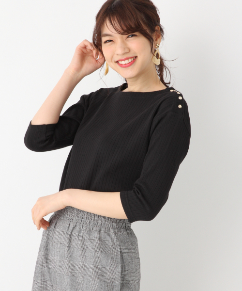 GLOBAL WORK(グローバルワーク)の「リブカタボタンボート7分袖/828001(Tシャツ/カットソー・レディース・ベージュ/ブラック/ホワイト・LARGE/MEDIUM)」の3枚目の写真