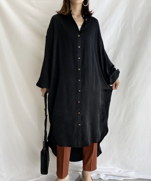 セール スタンドカラー スリット入り ギャザー 長袖 シャツワンピース ガウンシャツ ロング マキシ丈 レディース シャツワンピース She S Closet シーズクローゼット のファッション通販 Zozotown