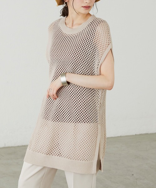 BONLECILL（ボンルシール）の「透かし編みサイドスリットメッシュニットベスト（ベスト・レディース・ベージュ/ブラウン/カーキ・FREE）」の2枚目の写真