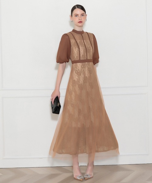 セール】【LEJA】美脚効果ハイウエストチュールレース切り替えドレス