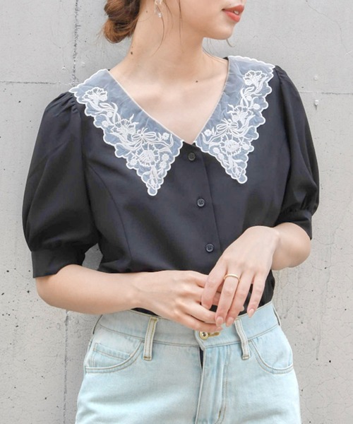 one after another NICE CLAUP(ワンアフターアナザーナイスクラップ)の「【ZOZOTOWN限定】フラワーレース衿ブラウス(シャツ/ブラウス・レディース・オフホワイト/ホワイト系その他/ブラック・FREE)」の2枚目の写真