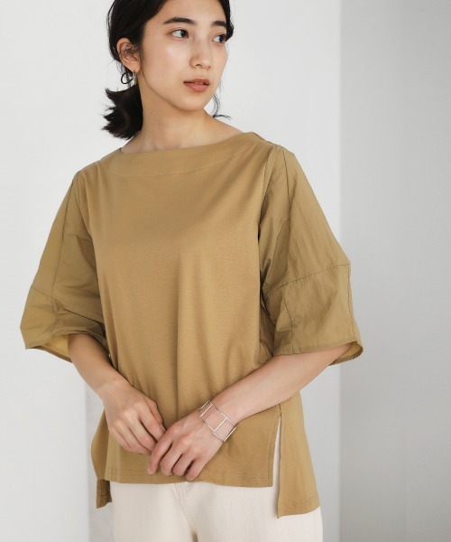 Bou Jeloud(ブージュルード)の「【綿100%】綿シルケット◆袖コンシャスTOPS(Tシャツ/カットソー・レディース・ブラック/ベージュ/オフホワイト/グリーン・FREE)」の4枚目の写真