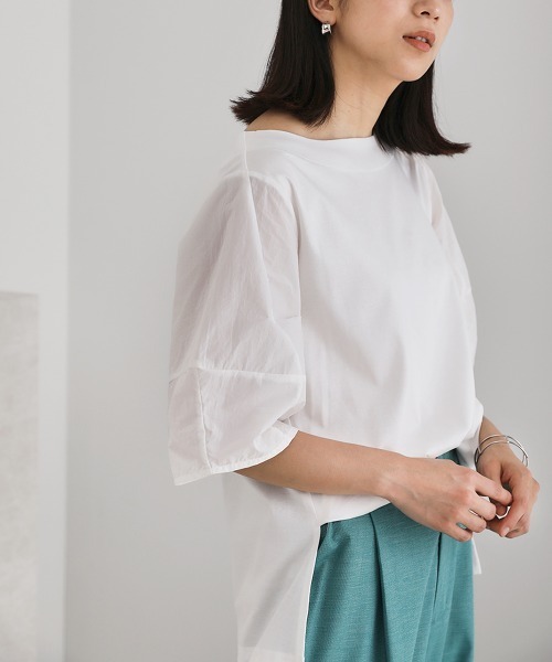 Bou Jeloud(ブージュルード)の「【綿100%】綿シルケット◆袖コンシャスTOPS(Tシャツ/カットソー・レディース・ブラック/ベージュ/オフホワイト/グリーン・FREE)」の2枚目の写真