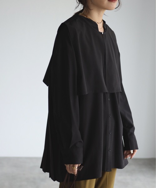 セール】【選べる】バックプリーツバンドカラーシャツ 襟付き（シャツ