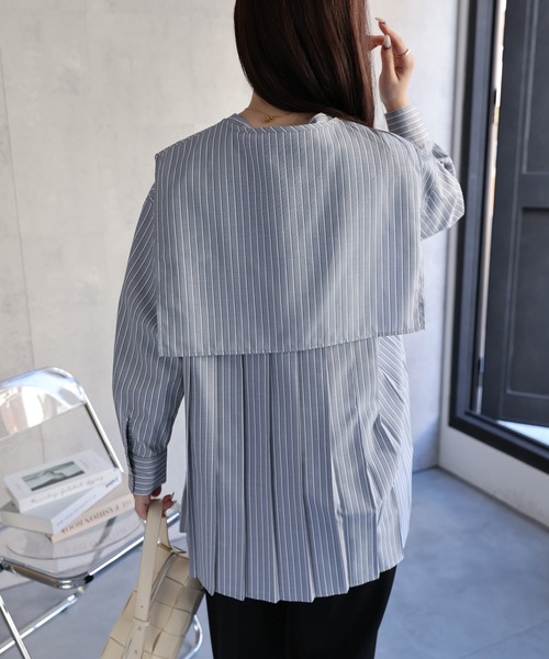 セール】【選べる】バックプリーツバンドカラーシャツ 襟付き（シャツ