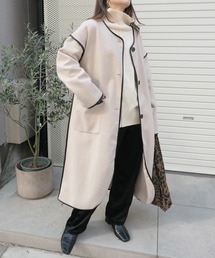 CORNERS | フェイクレザーパイピングロングコート(ノーカラーコート)