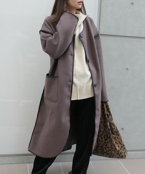 CORNERS（コーナーズ）の「フェイクレザーパイピングロングコート（ノーカラーコート・レディース・ブラウン/ベージュ・FREE）」の20枚目の写真