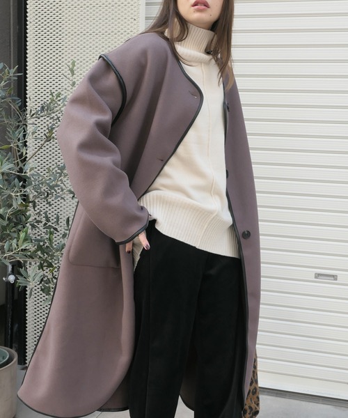 CORNERS（コーナーズ）の「フェイクレザーパイピングロングコート（ノーカラーコート・レディース・ブラウン/ベージュ・FREE）」の15枚目の写真