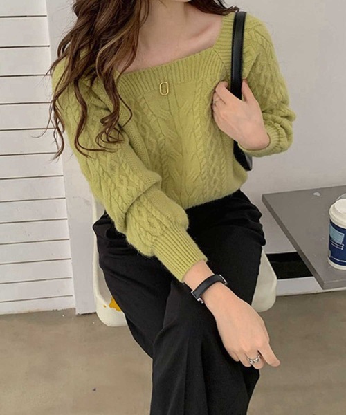 LUGG NAGG(ラグナグ)の「スクエアネックボリュームスリーブケーブル編みニット(ニット/セーター・レディース・モカ/ラベンダー/コーラルピンク/オフホワイト/ブラック/ブルー/グリーン/オリーブ・M)」の17枚目の写真