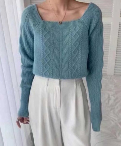 LUGG NAGG(ラグナグ)の「スクエアネックボリュームスリーブケーブル編みニット(ニット/セーター・レディース・モカ/ラベンダー/コーラルピンク/オフホワイト/ブラック/ブルー/グリーン/オリーブ・M)」の21枚目の写真
