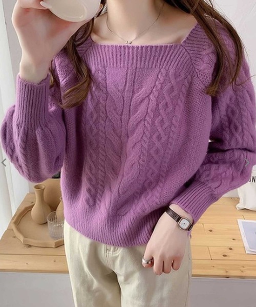 LUGG NAGG(ラグナグ)の「スクエアネックボリュームスリーブケーブル編みニット(ニット/セーター・レディース・モカ/ラベンダー/コーラルピンク/オフホワイト/ブラック/ブルー/グリーン/オリーブ・M)」の18枚目の写真