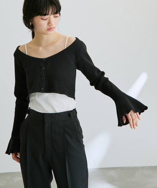 ADAM ET ROPE'（アダムエロペ）の「【一部直営店舗・WEB限定】ショートカーディガンコンビワッフルワンピース（ワンピース・レディース・ブラック/ベージュ系その他・FREE）」の8枚目の写真