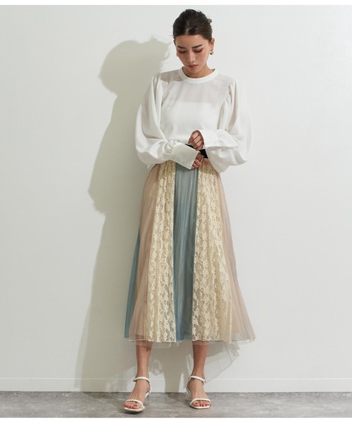 Settimissimo(セッティミッシモ)の「チュール×レースブロッキングフレアスカート(スカート・レディース・ブルー/グリーン・M)」の9枚目の写真