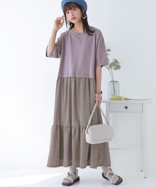 osharewalker（オシャレウォーカー）の「【廃盤】『裏毛×チェック柄ドッキングワンピース』（ワンピース・レディース・ラベンダー/グレイッシュブルー/チャコール・FREE）」の17枚目の写真